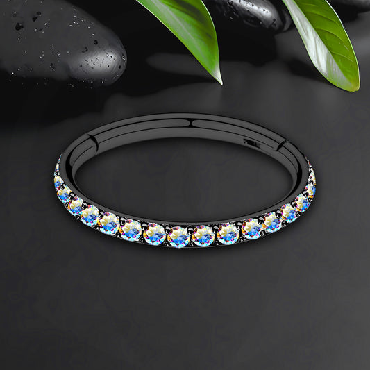 Titanium Clicker Ring in Classic Style with Aurora Borealis CZ