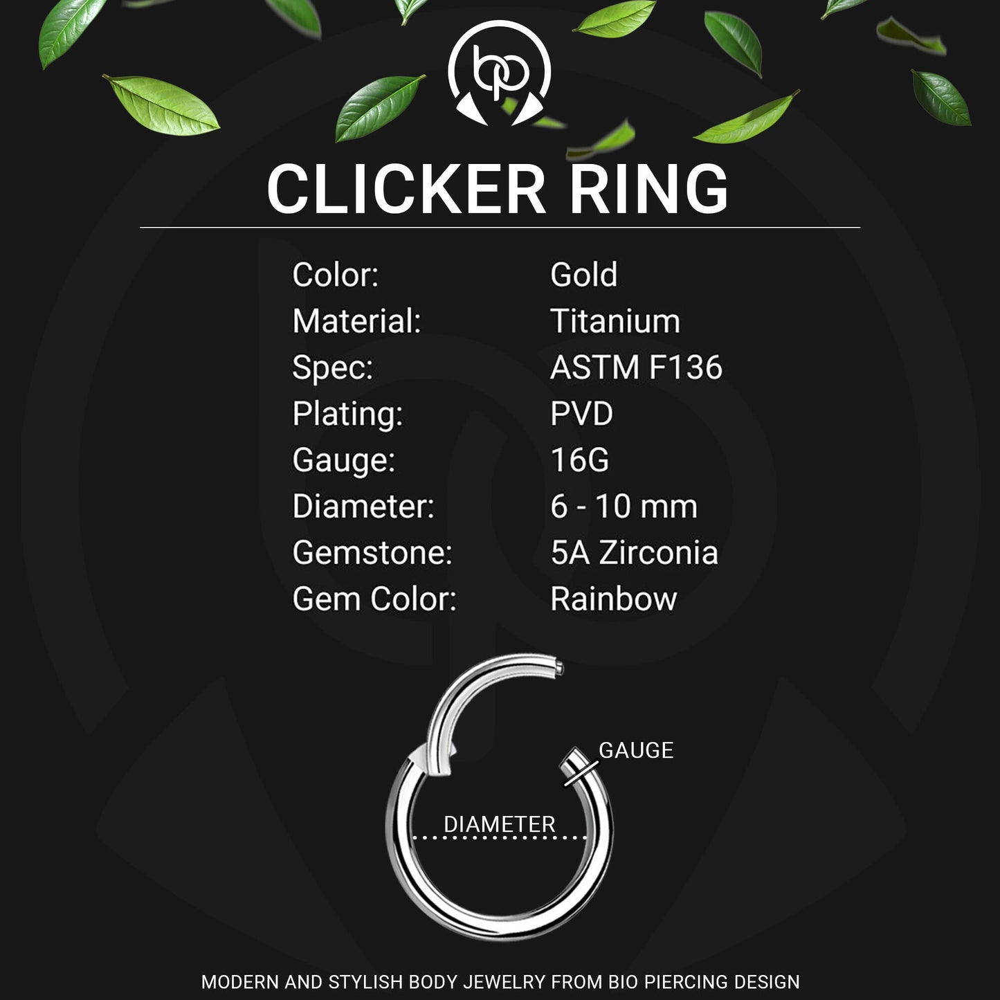 Titanium Clicker Ring in Classic Style with Rainbow Zirconia