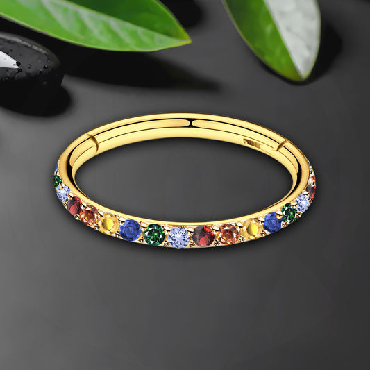 Titanium Clicker Ring in Classic Style with Rainbow Zirconia