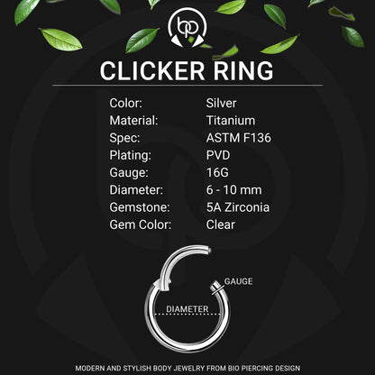 Titanium Clicker Ring in Classic Style with Clear Zirconia