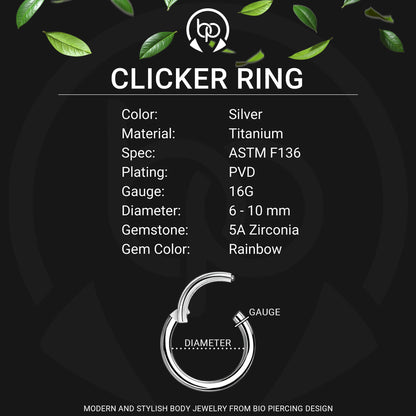 Titanium Clicker Ring in Classic Style with Rainbow Zirconia