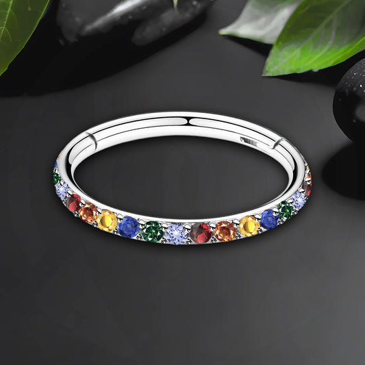 Titanium Clicker Ring in Classic Style with Rainbow Zirconia