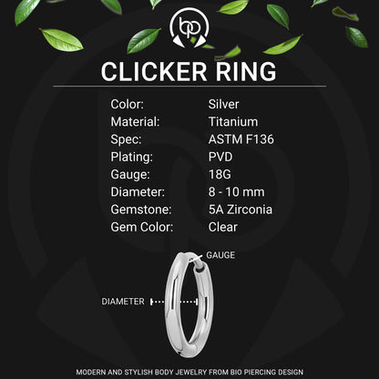 Titanium Clicker Ring in Classic Earring Style and Clear CZ
