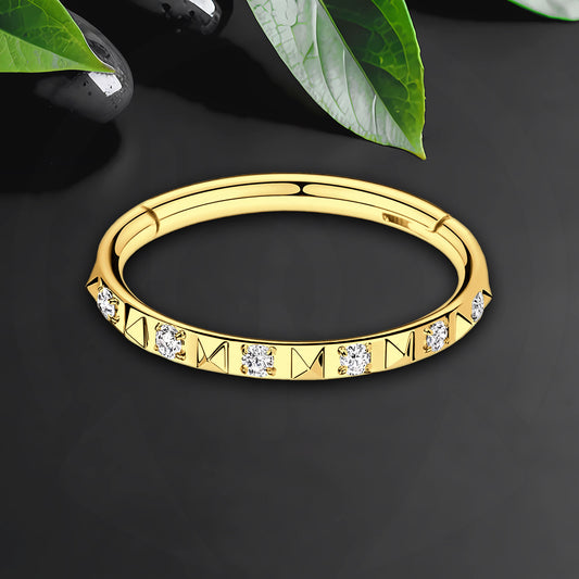 Titanium Clicker Ring with Pyramid Pattern and Zirconia