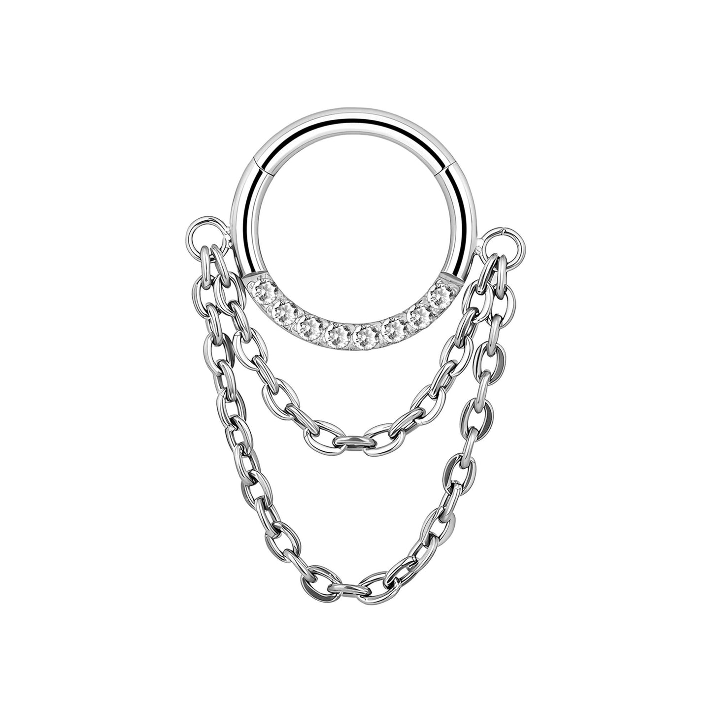 Titanium Clicker Ring with Dual Chains and Zirconia