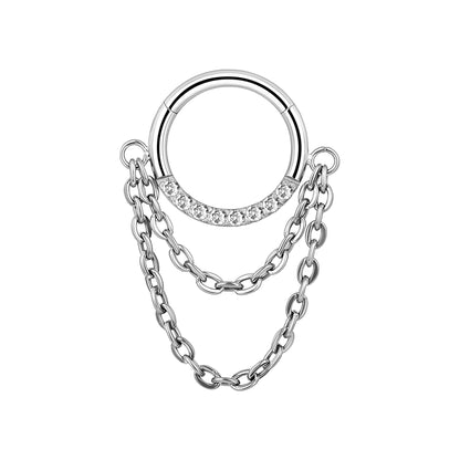 Titanium Clicker Ring with Dual Chains and Zirconia