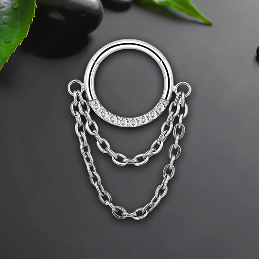 Titanium Clicker Ring with Dual Chains and Zirconia