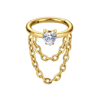 Titanium Clicker Ring with Chains and Crystal Heart