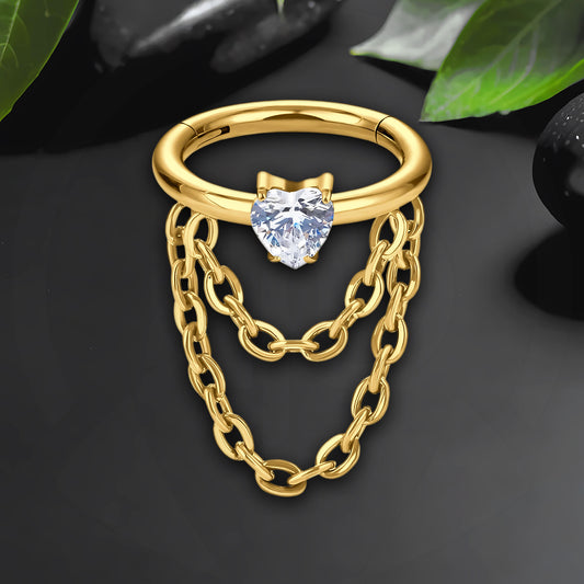 Titanium Clicker Ring with Chains and Crystal Heart