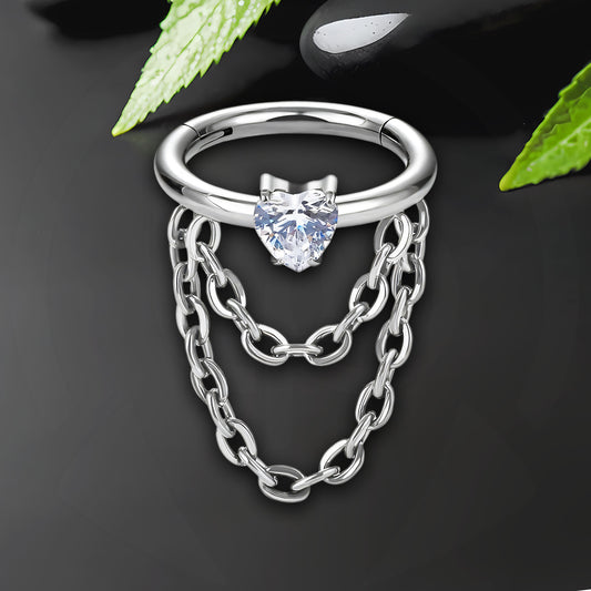 Titanium Clicker Ring with Chains and Crystal Heart