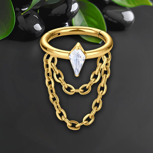 Titanium Clicker Ring with Chains and Crystal Rhombus