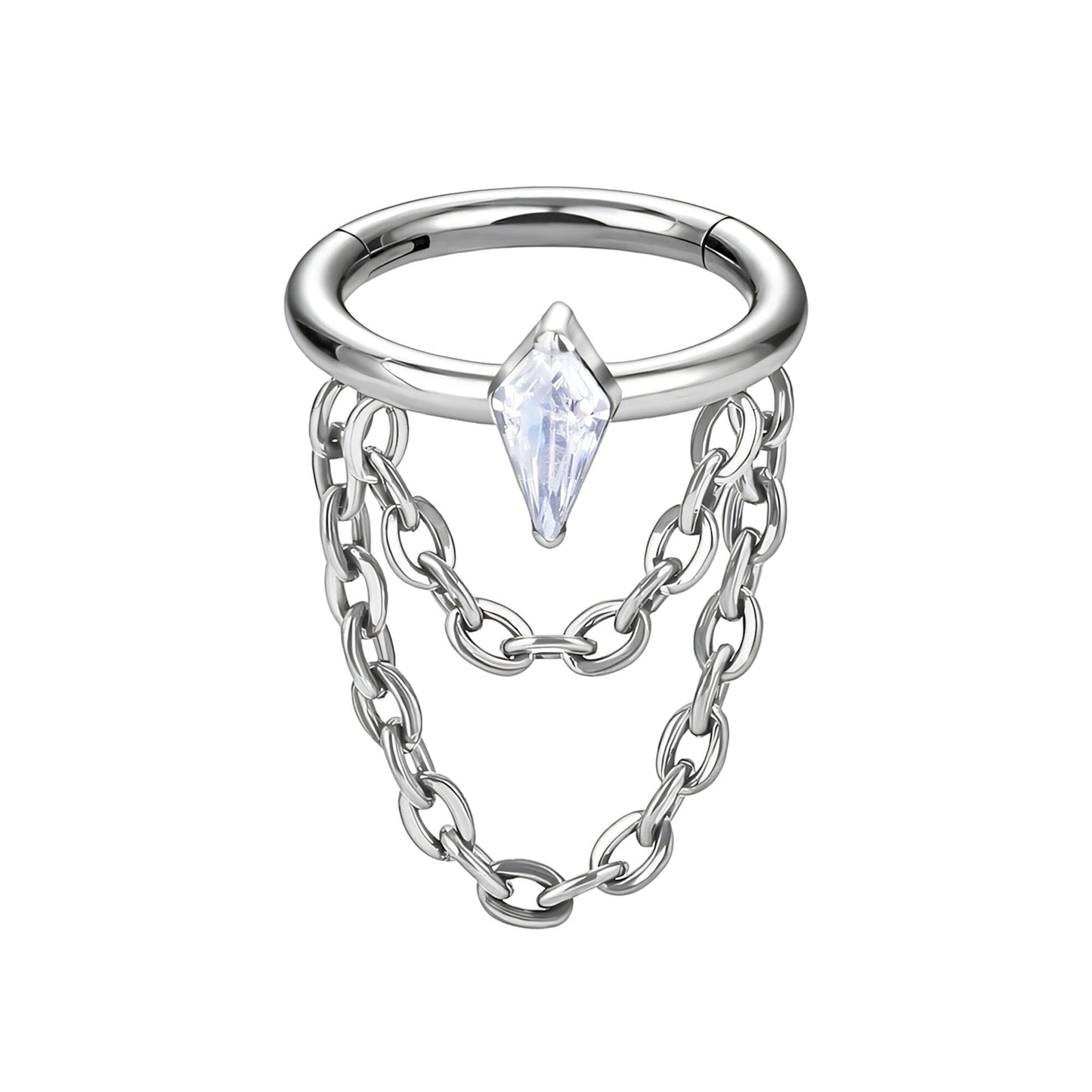 Titanium Clicker Ring with Chains and Crystal Rhombus