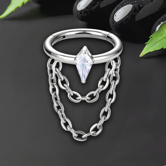 Titanium Clicker Ring with Chains and Crystal Rhombus