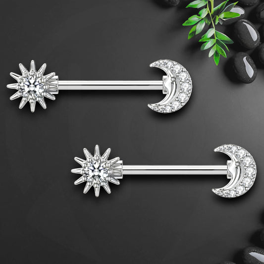 Surgical Steel Nipple Jewelry with Crystal Moon and Sun