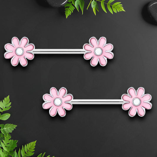 Surgical Steel Nipple Jewelry with Pink Flowers