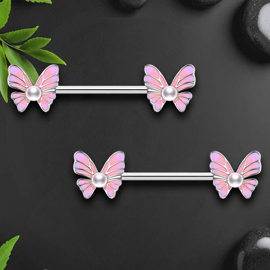 Surgical Steel Nipple Jewelry with Butterflies and Pearls