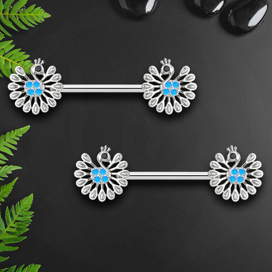 Surgical Steel Nipple Jewelry with Peacock Tail and CZ