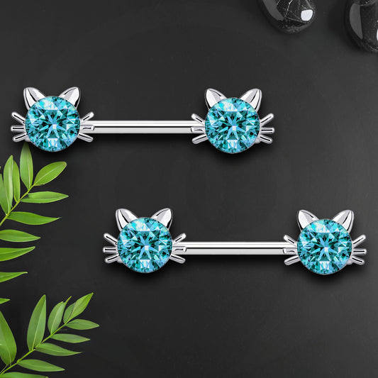 Surgical Steel Nipple Jewelry with Crystal Cat Face