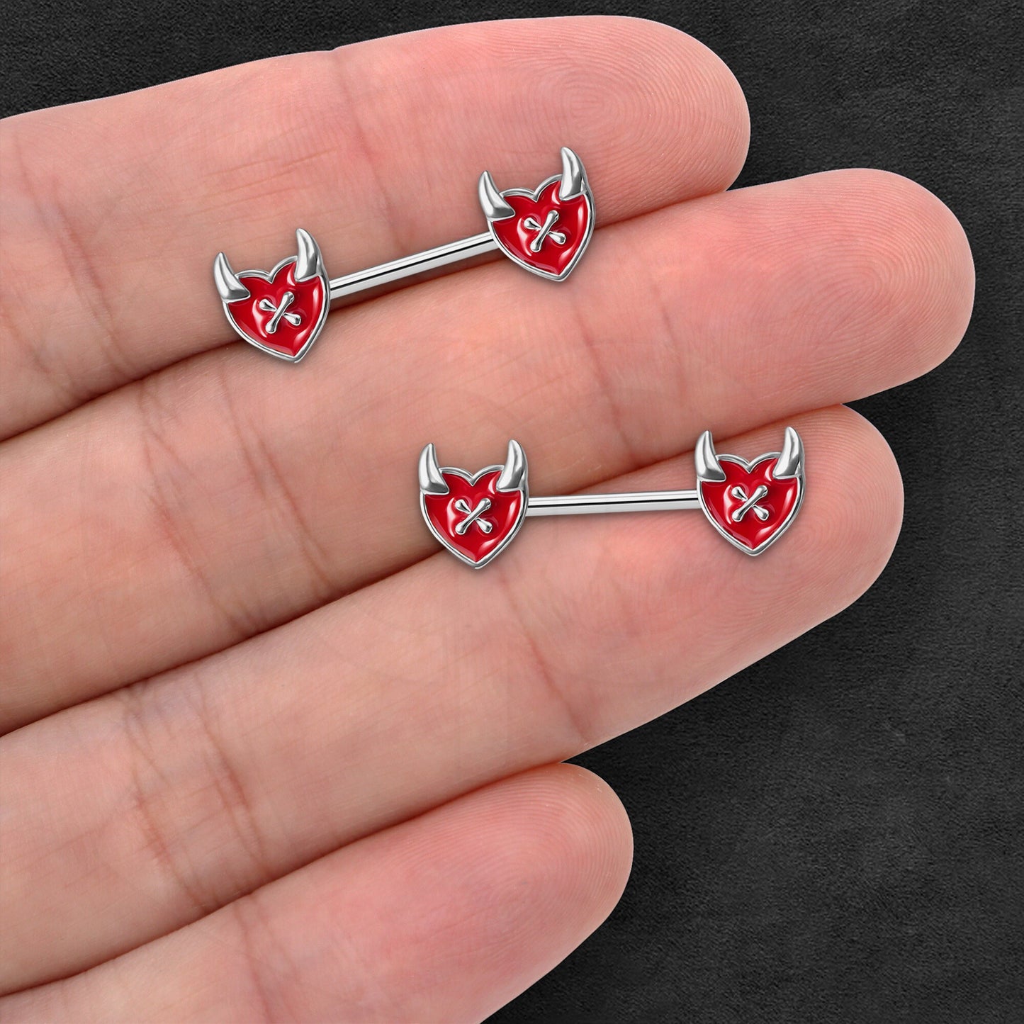 Surgical Steel Nipple Jewelry with Red Devil Hearts
