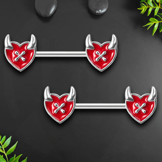 Surgical Steel Nipple Jewelry with Red Devil Hearts