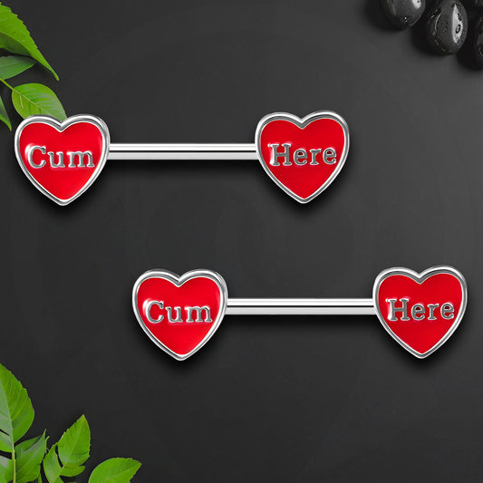 Surgical Steel Nipple Jewelry with Cum Here Hearts