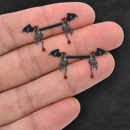 Surgical Steel Nipple Jewelry with Death Hands and Red CZ