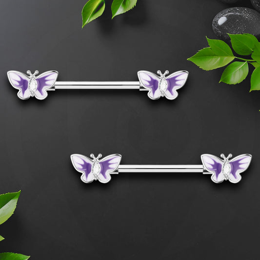 Surgical Steel Nipple Jewelry with Violet Butterflies and CZ