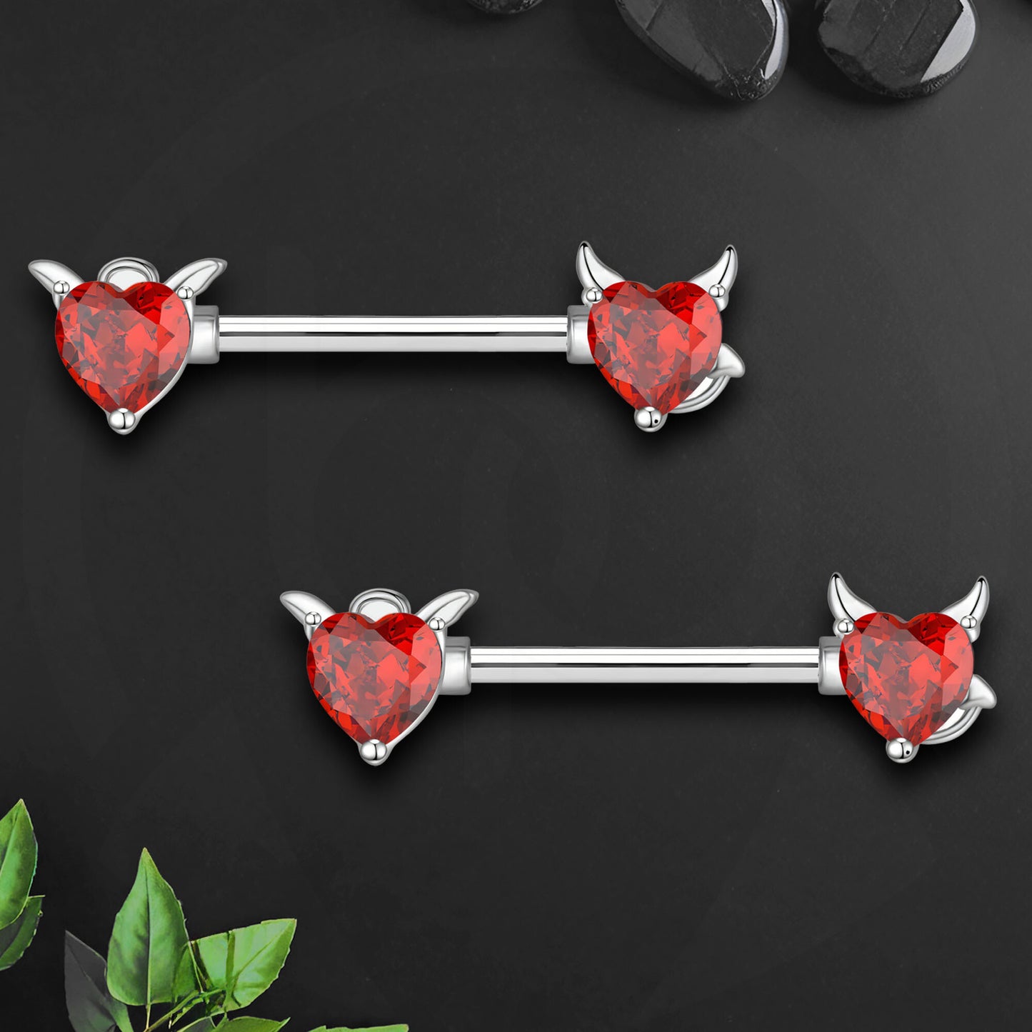 Surgical Steel Nipple Jewelry with Red Crystal Devil Horns