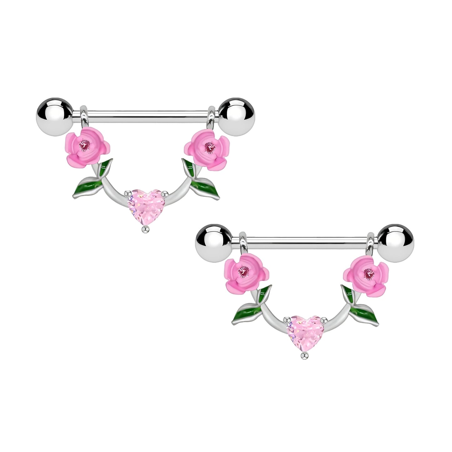 Surgical Steel Nipple Jewelry with Pink Heart and Roses