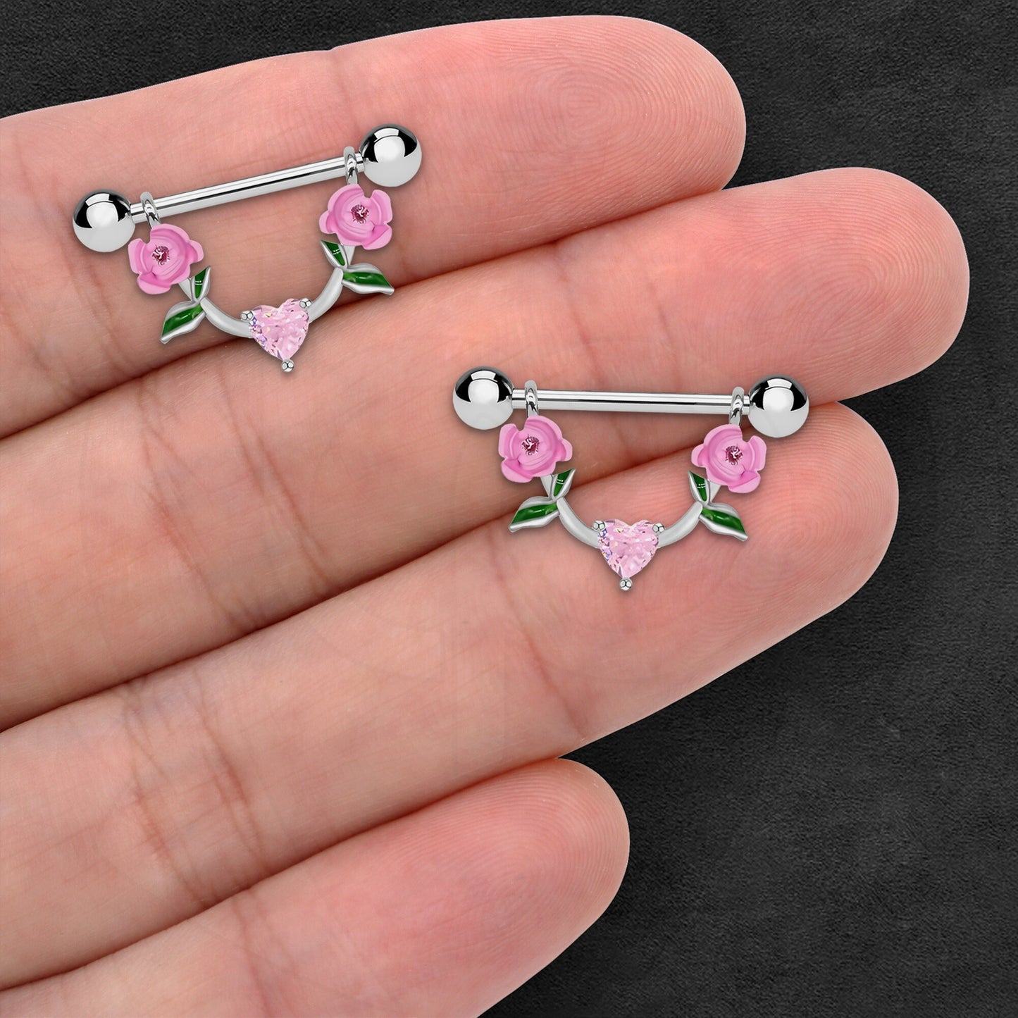 Surgical Steel Nipple Jewelry with Pink Heart and Roses