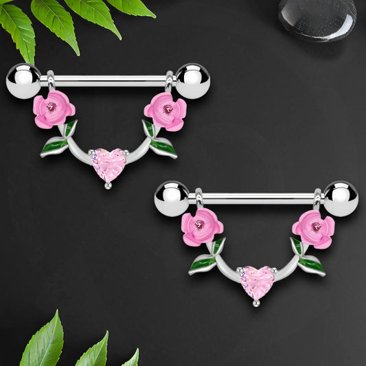 Surgical Steel Nipple Jewelry with Pink Heart and Roses