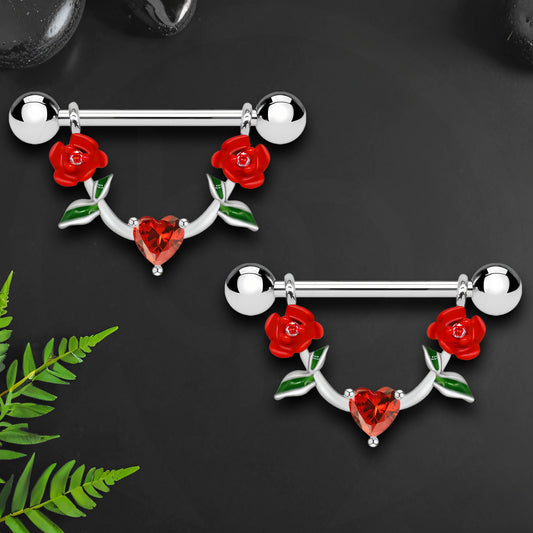 Surgical Steel Nipple Jewelry with Red Heart and Roses