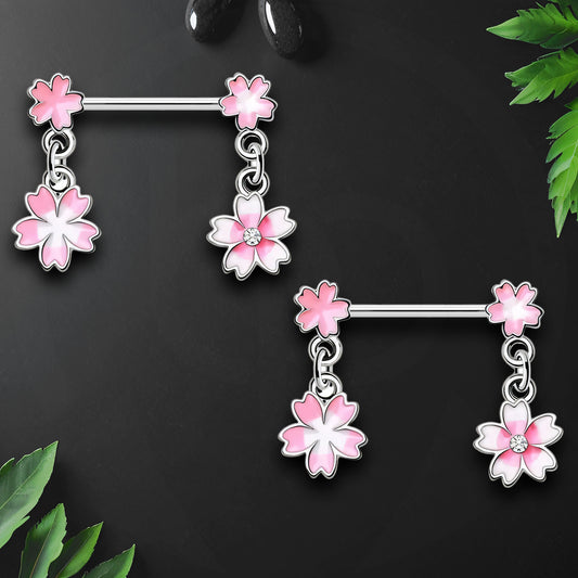 Surgical Steel Nipple Jewelry with White and Pink Flowers