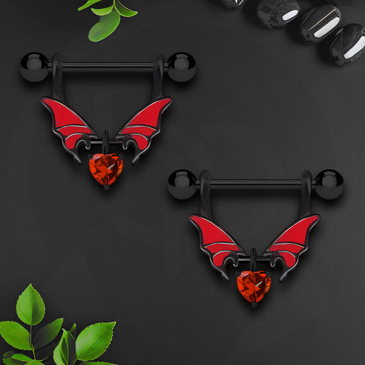 Surgical Steel Nipple Jewelry with Wings and Red Heart