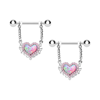 Surgical Steel Nipple Jewelry with Rainbow Opal Heart