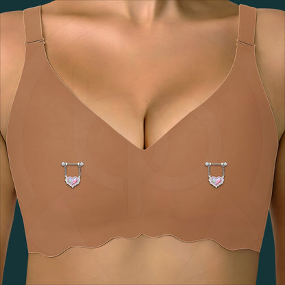 Surgical Steel Nipple Jewelry with Rainbow Opal Heart