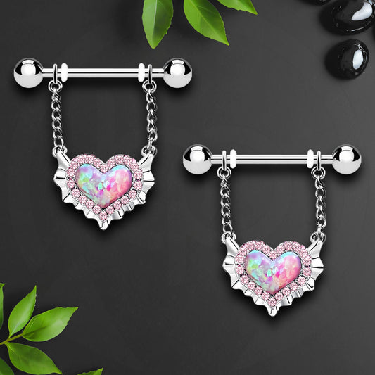 Surgical Steel Nipple Jewelry with Rainbow Opal Heart