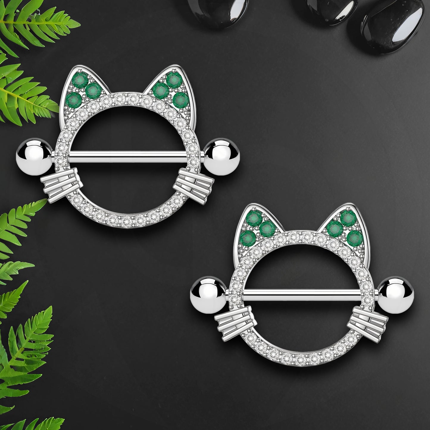 Surgical Steel Nipple Jewelry in Crystal Cat Style