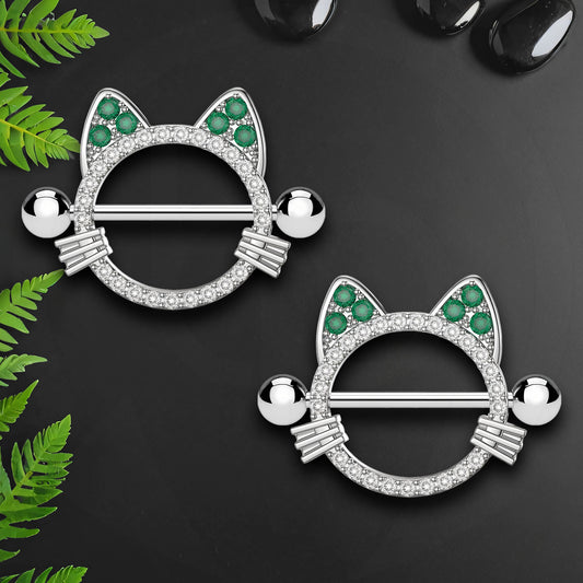 Surgical Steel Nipple Jewelry in Crystal Cat Style