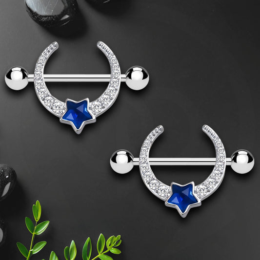 Surgical Steel Nipple Jewelry with Moon and Blue Star