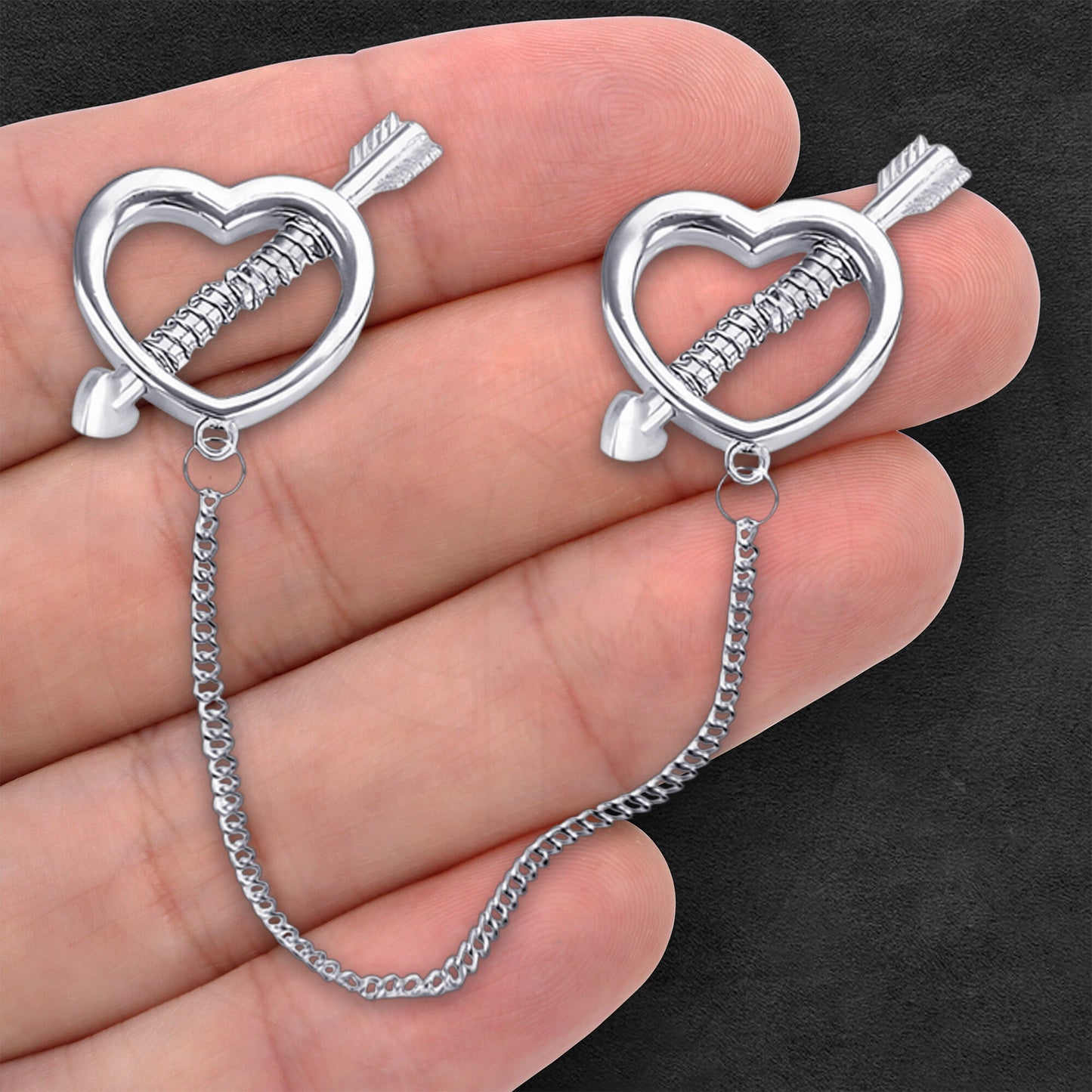 Surgical Steel Nipple Clips with Hearts and Chain