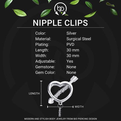 Surgical Steel Nipple Clips with Hearts and Chain