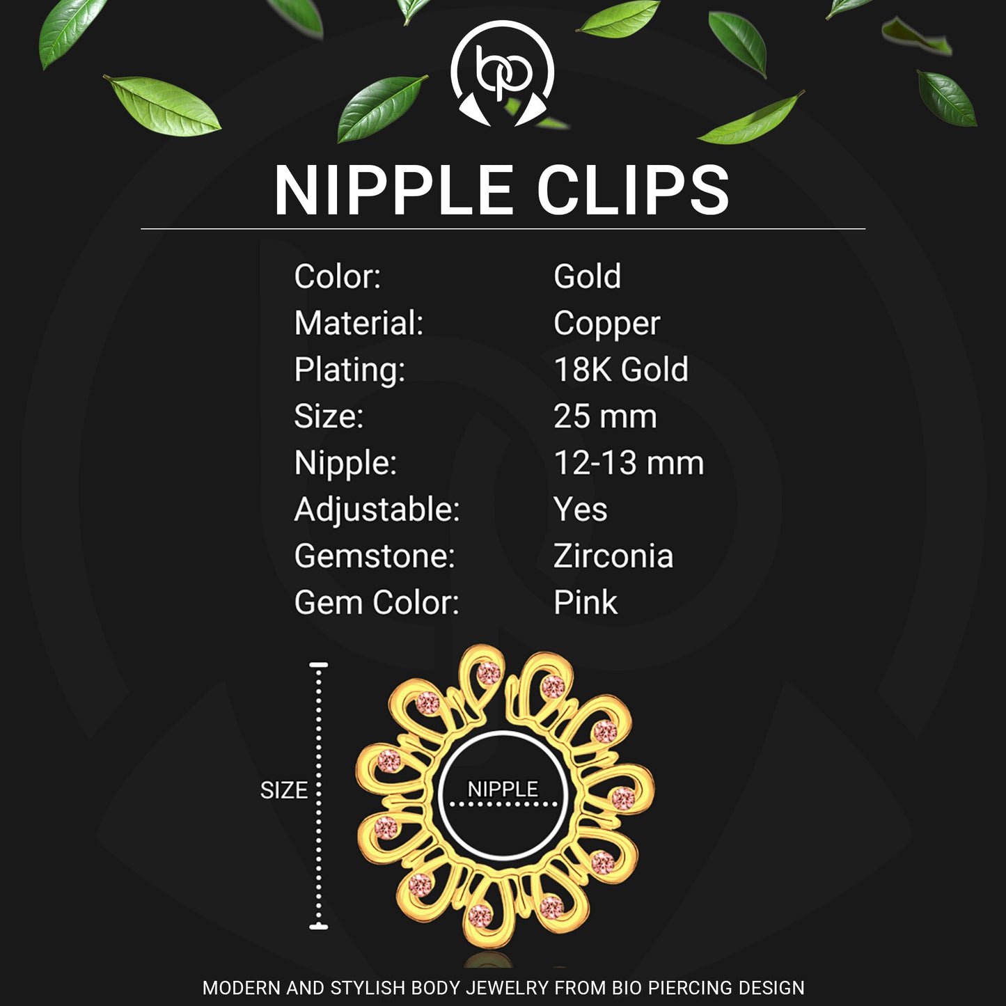 Gold Plated Nipple Clips in Modern Style with Zirconia