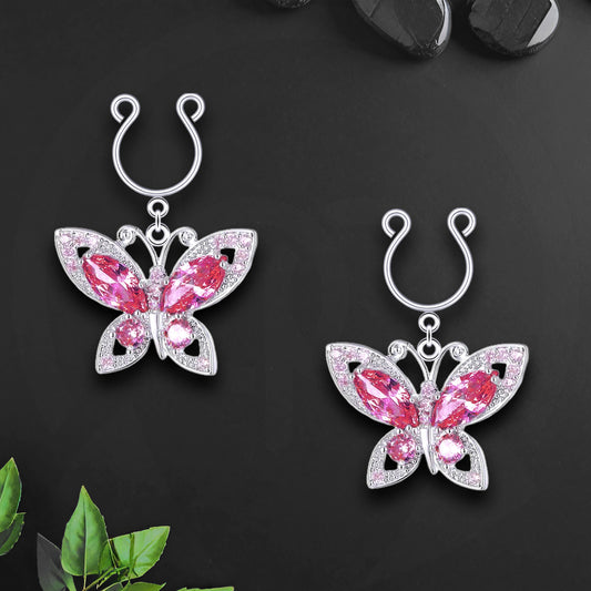 Silver Plated Nipple Clips with Crimson Butterflies