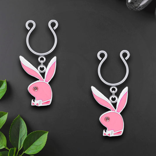 Silver Plated Nipple Clips with Pink Rabbits