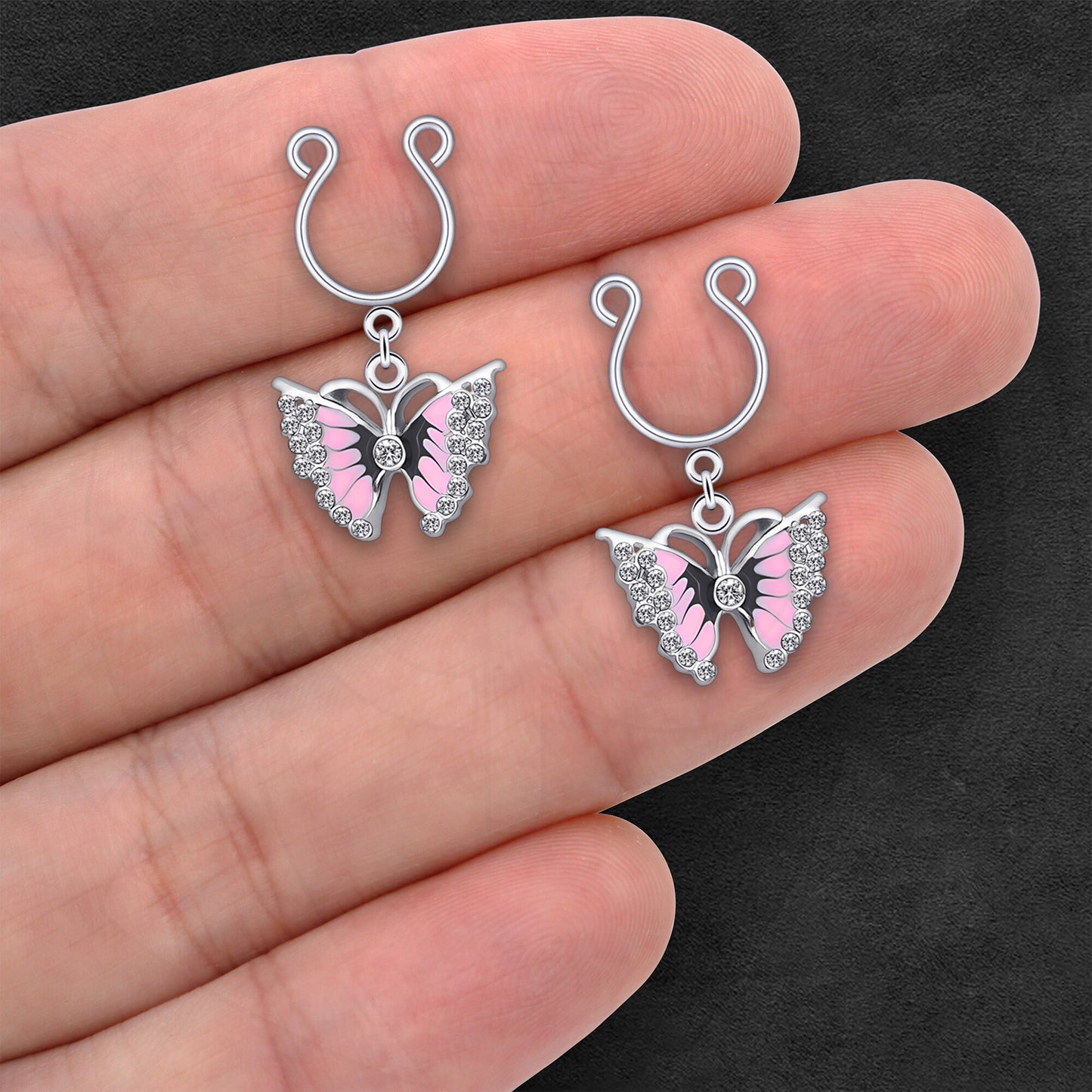 Silver Plated Nipple Clips with Pink Butterflies and CZ