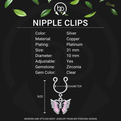 Silver Plated Nipple Clips with Pink Butterflies and CZ
