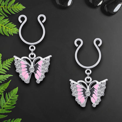 Silver Plated Nipple Clips with Pink Butterflies and CZ
