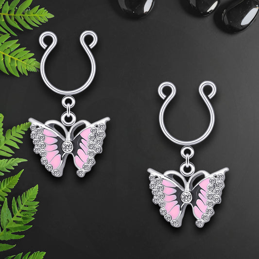 Silver Plated Nipple Clips with Pink Butterflies and CZ