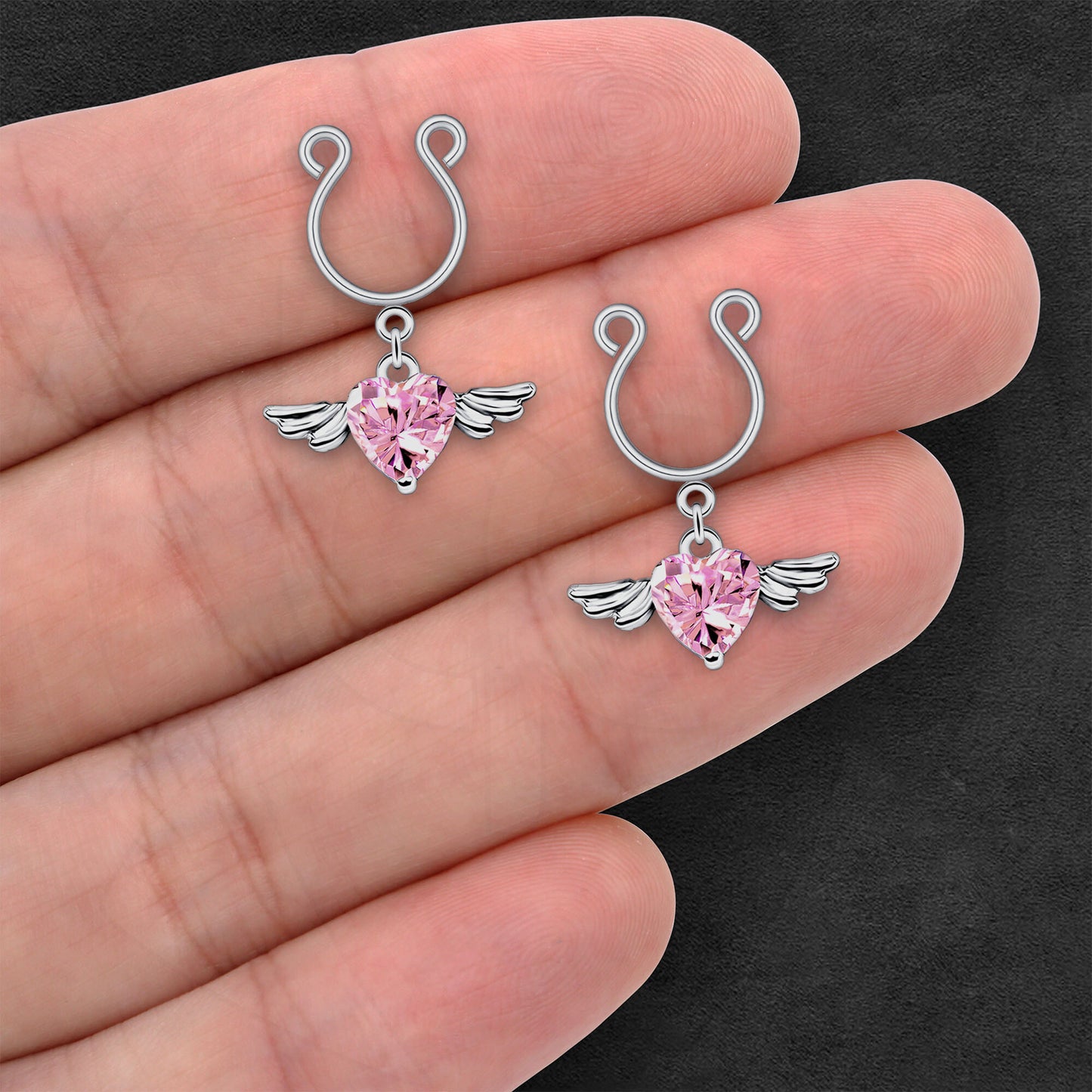 Silver Plated Nipple Clips with Flying Crystal Heart
